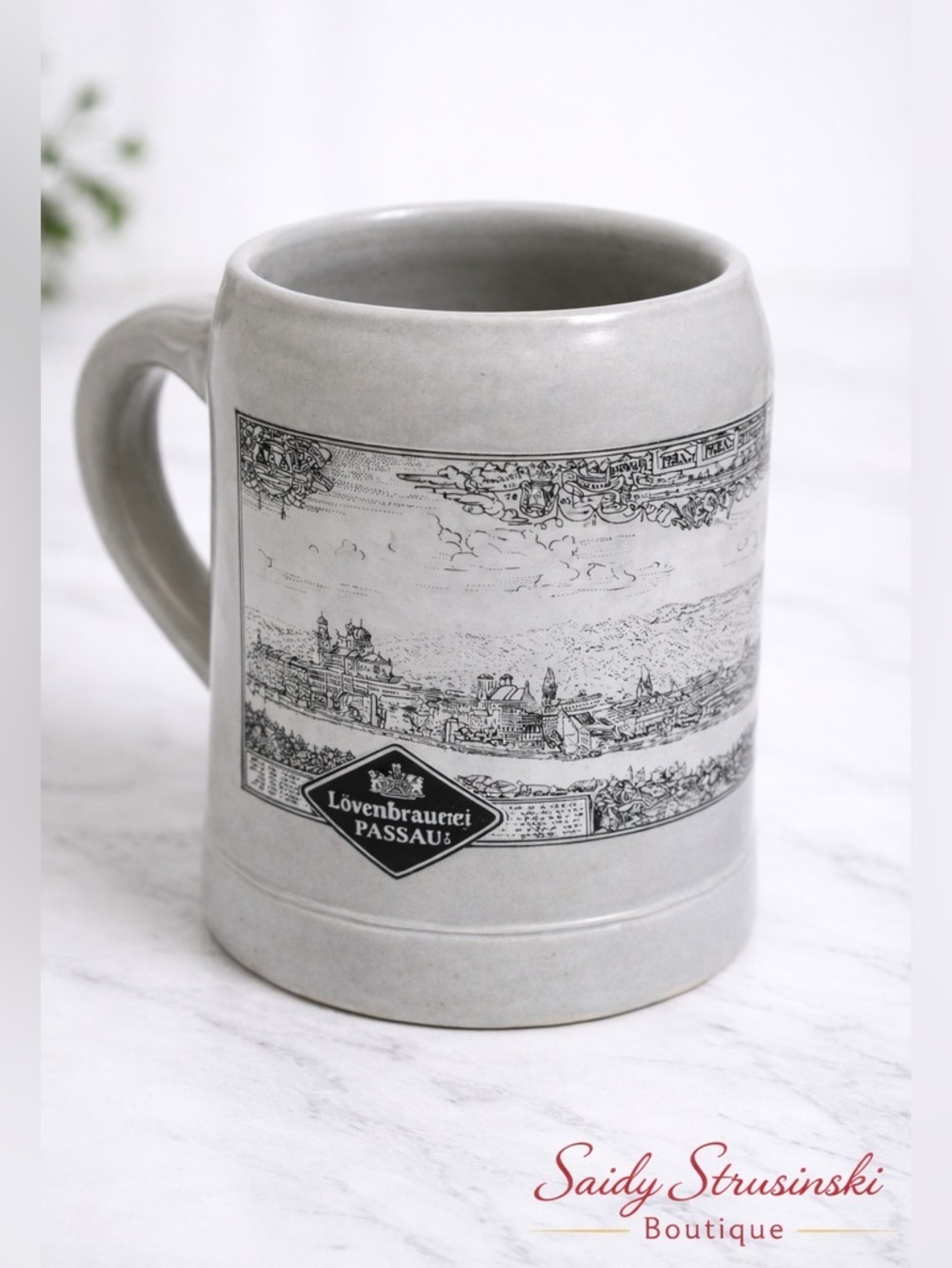 Vintage German Beer Stein Mug Löwenbrauerei Passau Gray Stoneware Collectible
